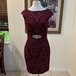 NWT Jaeden Elegant Burgundy Lace/Crystal Dress w/ Matching Sheer Cover Size 8